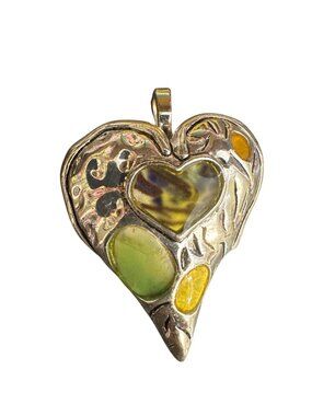 Handcrafted Silver-Tone Heart Pendant With Green & Yellow Glass Inlay Intricate